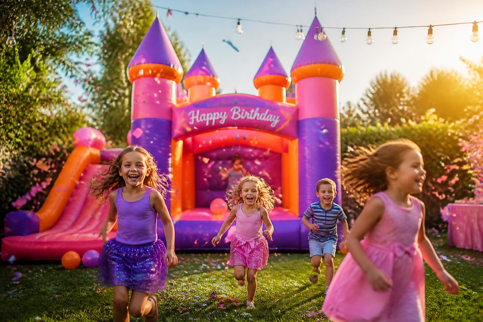 Kids running from a giant purple and pink bounce castle at a backyard party